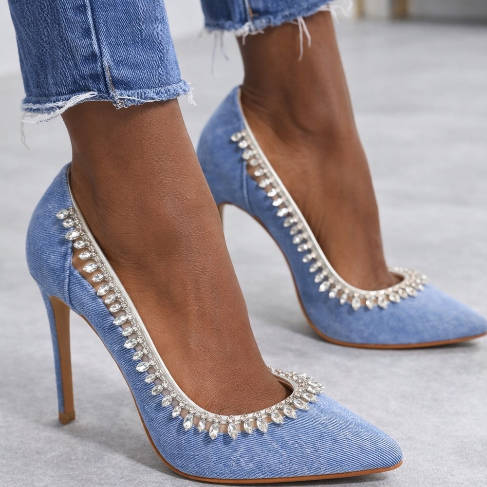 Denim Crystal-Trim Pointed Toe Stiletto Heels - Blue